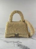 BALENCIAGA Beige Curly Faux Shearling Small Hourglass Top Handle Crossbody/Shoulder Bag