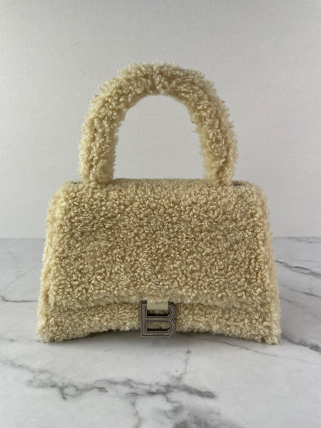 BALENCIAGA Beige Curly Faux Shearling Small Hourglass Top Handle Crossbody/Shoulder Bag