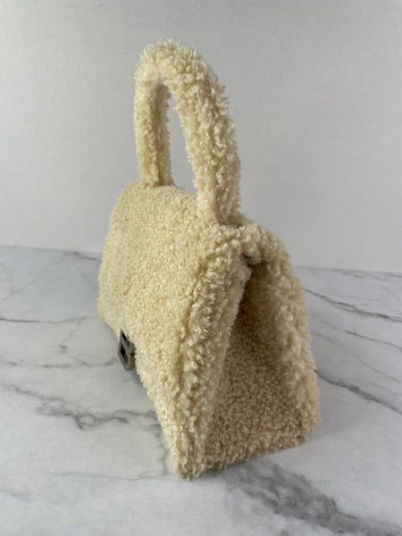 BALENCIAGA Beige Curly Faux Shearling Small Hourglass Top Handle Crossbody/Shoulder Bag