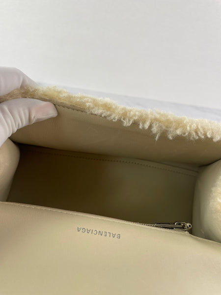 BALENCIAGA Beige Curly Faux Shearling Small Hourglass Top Handle Crossbody/Shoulder Bag