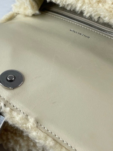 BALENCIAGA Beige Curly Faux Shearling Small Hourglass Top Handle Crossbody/Shoulder Bag