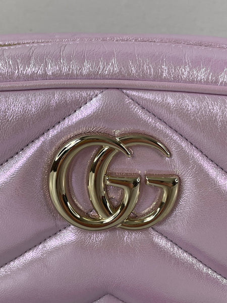 GUCCI Iridescent Escape Pink Nappa Chevron Matelasse Small GG Marmont Chain Shoulder/Crossbody Bag