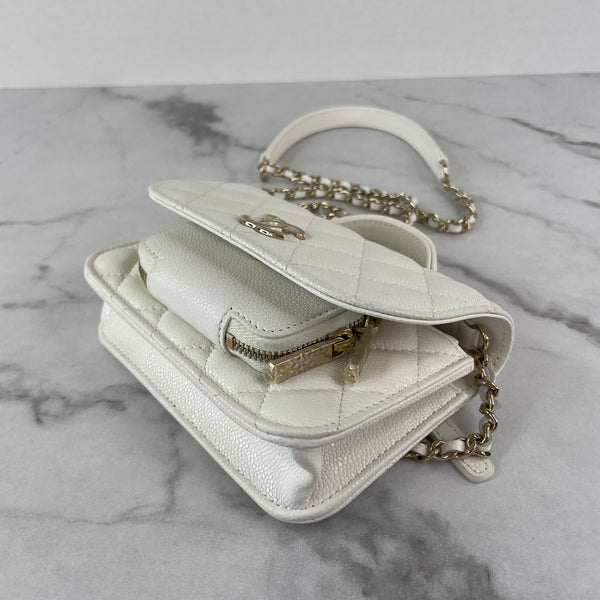 Chanel White Caviar Quilted Business Affinity Flap/Clutch with Chain Crossbody/Shoulder Bag