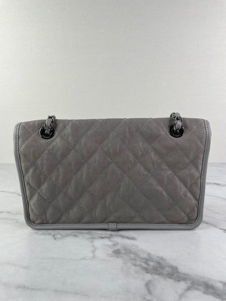 CHANEL Light Grey Caviar Quilted Medium French Riviera Flap Shoulder/Crossbody Bag