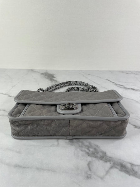 CHANEL Light Grey Caviar Quilted Medium French Riviera Flap Shoulder/Crossbody Bag