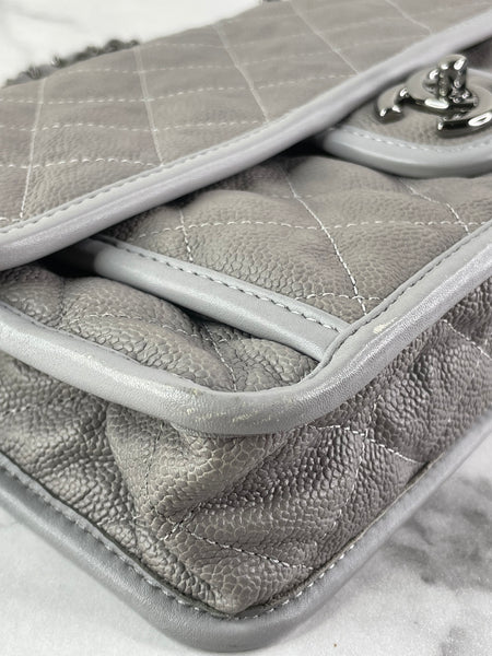 CHANEL Light Grey Caviar Quilted Medium French Riviera Flap Shoulder/Crossbody Bag