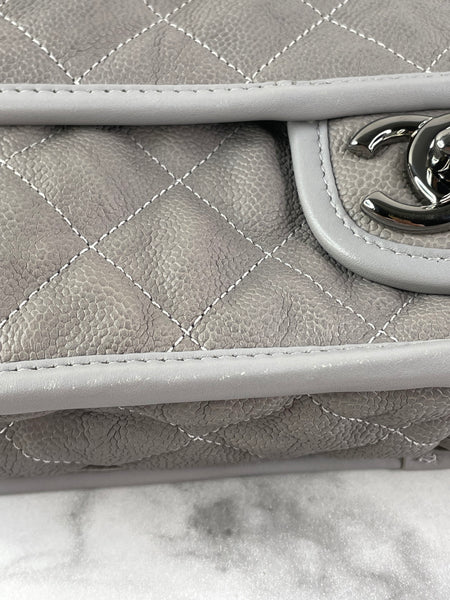 CHANEL Light Grey Caviar Quilted Medium French Riviera Flap Shoulder/Crossbody Bag