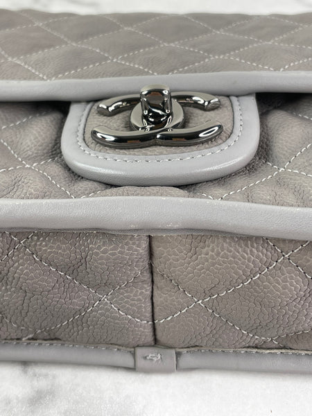 CHANEL Light Grey Caviar Quilted Medium French Riviera Flap Shoulder/Crossbody Bag