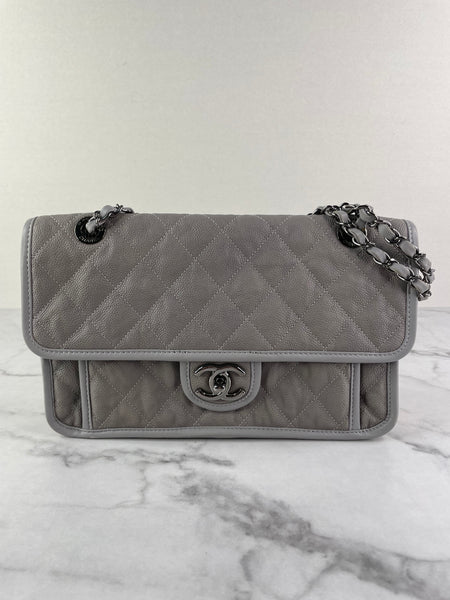 CHANEL Light Grey Caviar Quilted Medium French Riviera Flap Shoulder/Crossbody Bag