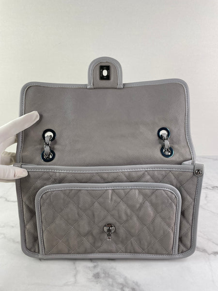 CHANEL Light Grey Caviar Quilted Medium French Riviera Flap Shoulder/Crossbody Bag