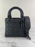 Christian Dior Ultra Black Matte Calfskin Cannage Studded Medium Supple Lady Dior Crossbody/Shoulder Bag