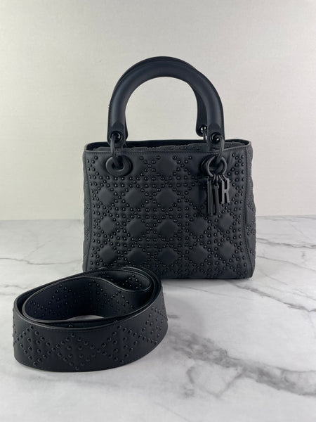 Christian Dior Ultra Black Matte Calfskin Cannage Studded Medium Supple Lady Dior Crossbody/Shoulder Bag