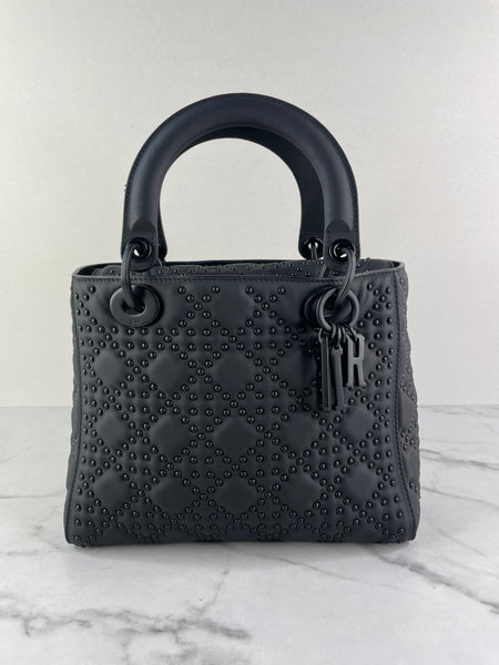 Christian Dior Ultra Black Matte Calfskin Cannage Studded Medium Supple Lady Dior Crossbody/Shoulder Bag