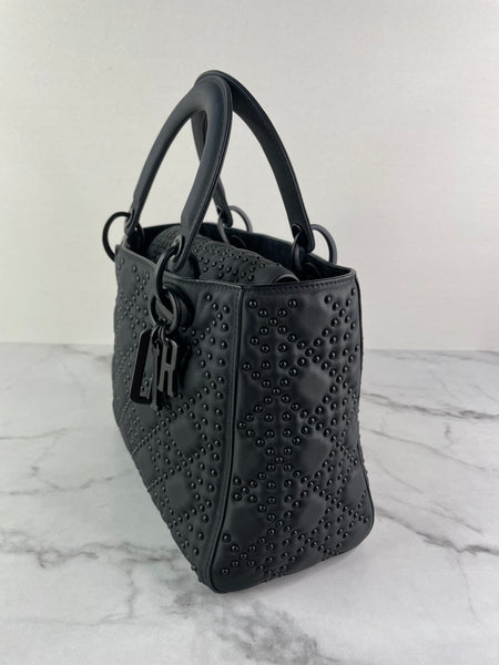 Christian Dior Ultra Black Matte Calfskin Cannage Studded Medium Supple Lady Dior Crossbody/Shoulder Bag
