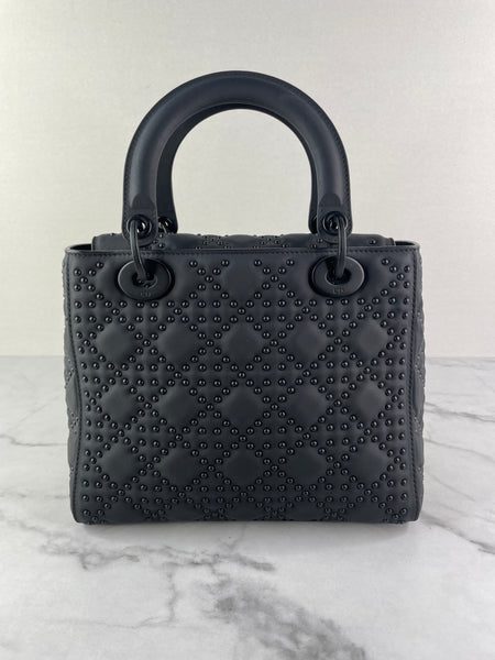 Christian Dior Ultra Black Matte Calfskin Cannage Studded Medium Supple Lady Dior Crossbody/Shoulder Bag