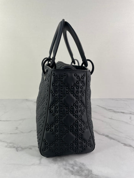 Christian Dior Ultra Black Matte Calfskin Cannage Studded Medium Supple Lady Dior Crossbody/Shoulder Bag