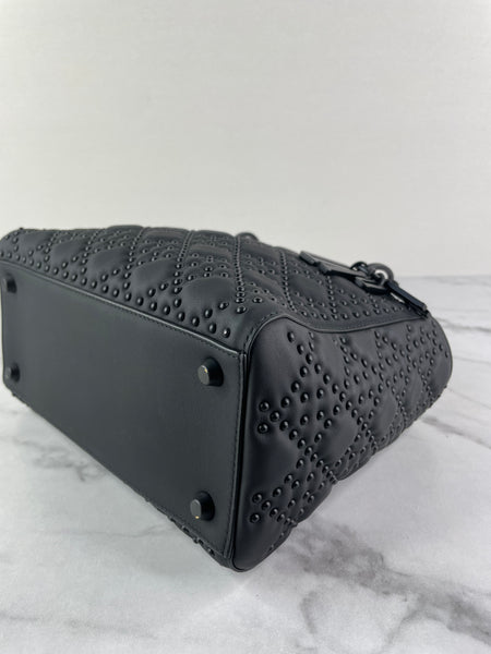 Christian Dior Ultra Black Matte Calfskin Cannage Studded Medium Supple Lady Dior Crossbody/Shoulder Bag
