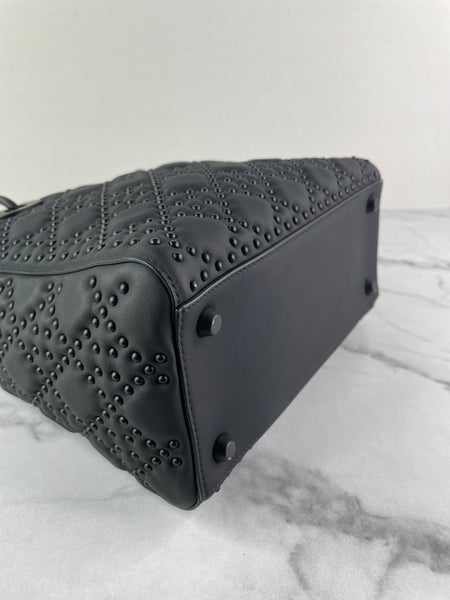 Christian Dior Ultra Black Matte Calfskin Cannage Studded Medium Supple Lady Dior Crossbody/Shoulder Bag