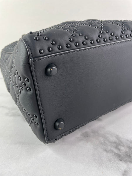 Christian Dior Ultra Black Matte Calfskin Cannage Studded Medium Supple Lady Dior Crossbody/Shoulder Bag