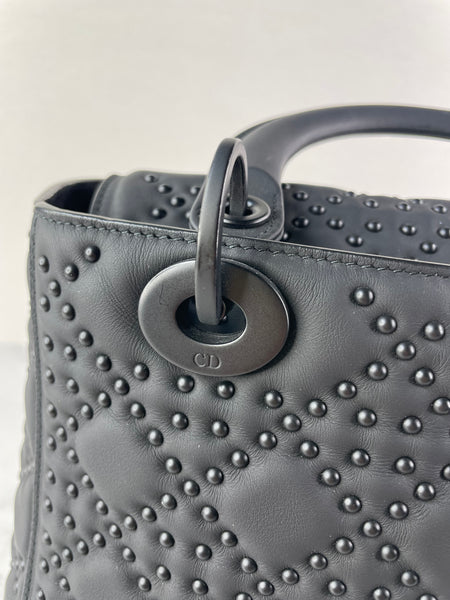 Christian Dior Ultra Black Matte Calfskin Cannage Studded Medium Supple Lady Dior Crossbody/Shoulder Bag