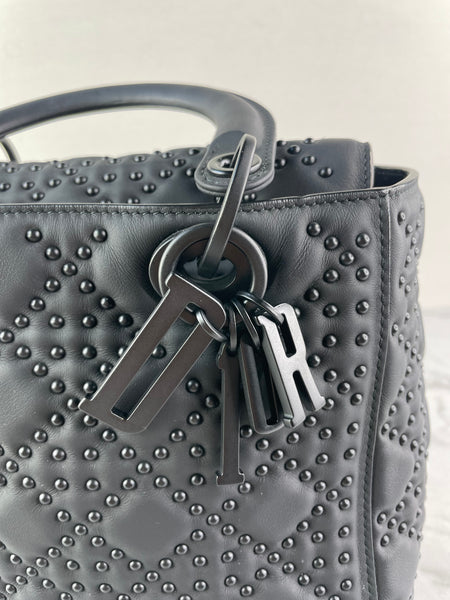 Christian Dior Ultra Black Matte Calfskin Cannage Studded Medium Supple Lady Dior Crossbody/Shoulder Bag