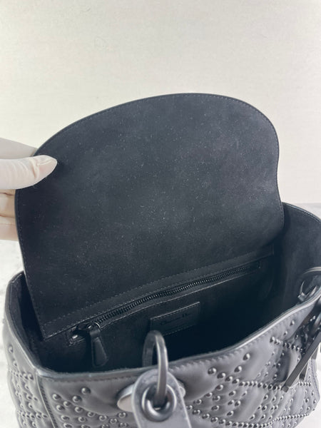 Christian Dior Ultra Black Matte Calfskin Cannage Studded Medium Supple Lady Dior Crossbody/Shoulder Bag