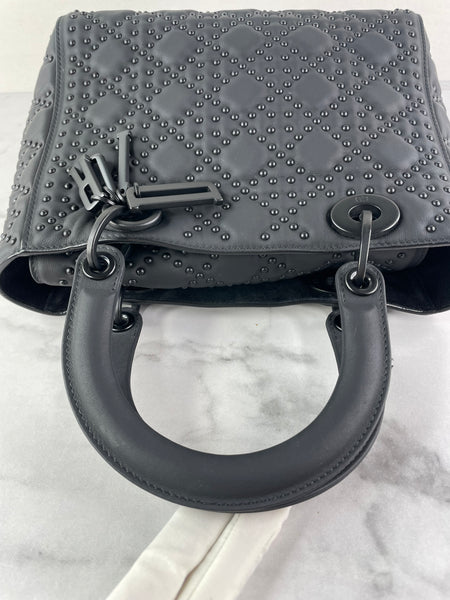 Christian Dior Ultra Black Matte Calfskin Cannage Studded Medium Supple Lady Dior Crossbody/Shoulder Bag