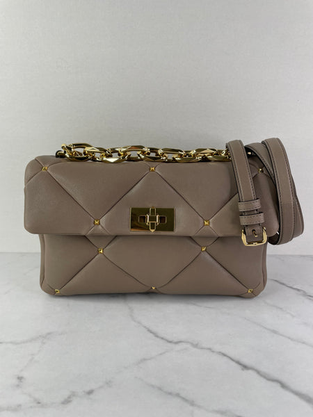 Valentino Clay (Taupe) Nappa Patchwork Roman Stud Shoulder/Crossbody Bag