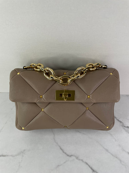 Valentino Clay (Taupe) Nappa Patchwork Roman Stud Shoulder/Crossbody Bag