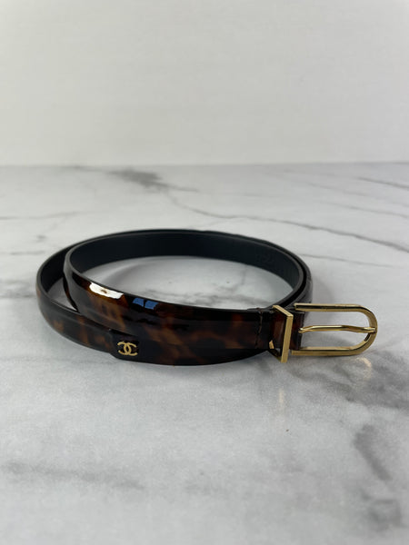 CHANEL CC Brown Leopard Print Patent Leather Skinny Belt Size 75/30