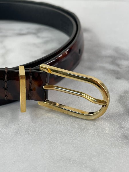 CHANEL CC Brown Leopard Print Patent Leather Skinny Belt Size 75/30