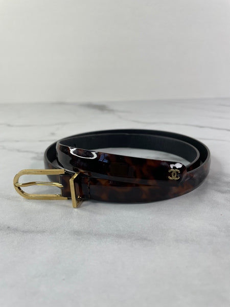 CHANEL CC Brown Leopard Print Patent Leather Skinny Belt Size 75/30
