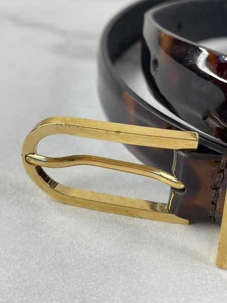 CHANEL CC Brown Leopard Print Patent Leather Skinny Belt Size 75/30