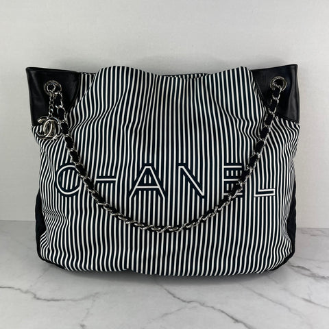CHANEL Black/White Stripe Nylon And Leather Logo Shoulder Bag