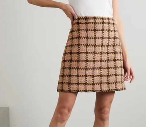 Gucci Lurex Checked Metallic Pink/Brown Tweed Mini Skirt Size 42