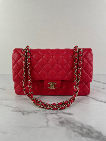 CHANEL Raspberry (Pink/Red) Caviar Quilted Medium Classic Double Flap Bag