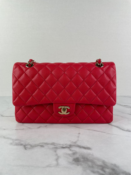 CHANEL Raspberry (Pink/Red) Caviar Quilted Medium Classic Double Flap Bag