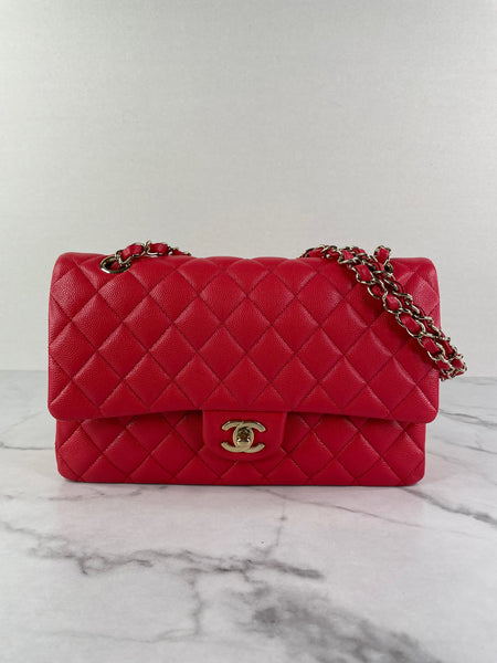 CHANEL Raspberry (Pink/Red) Caviar Quilted Medium Classic Double Flap Bag