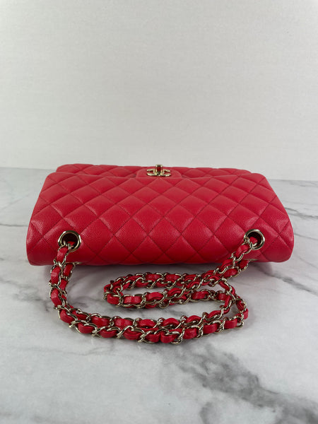 CHANEL Raspberry (Pink/Red) Caviar Quilted Medium Classic Double Flap Bag