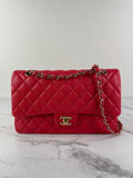 CHANEL Raspberry (Pink/Red) Caviar Quilted Medium Classic Double Flap Bag