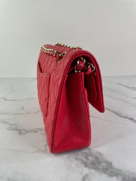 CHANEL Raspberry (Pink/Red) Caviar Quilted Medium Classic Double Flap Bag