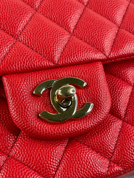CHANEL Raspberry (Pink/Red) Caviar Quilted Medium Classic Double Flap Bag