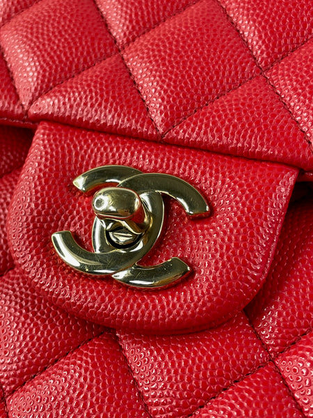 CHANEL Raspberry (Pink/Red) Caviar Quilted Medium Classic Double Flap Bag