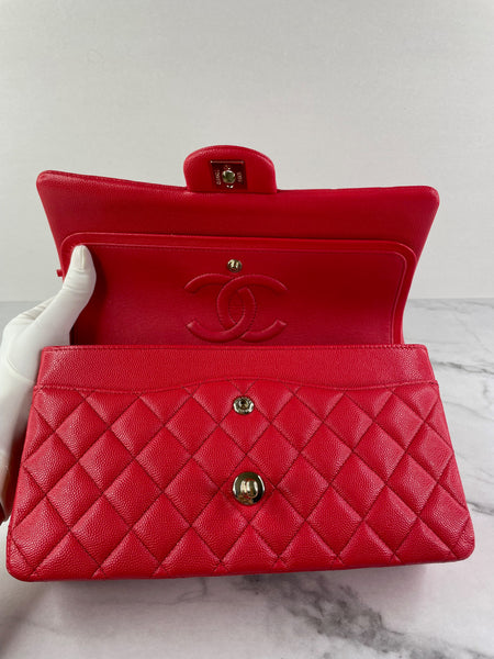 CHANEL Raspberry (Pink/Red) Caviar Quilted Medium Classic Double Flap Bag