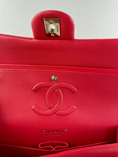 CHANEL Raspberry (Pink/Red) Caviar Quilted Medium Classic Double Flap Bag
