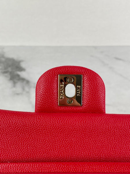 CHANEL Raspberry (Pink/Red) Caviar Quilted Medium Classic Double Flap Bag