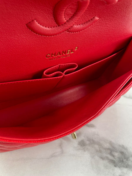 CHANEL Raspberry (Pink/Red) Caviar Quilted Medium Classic Double Flap Bag