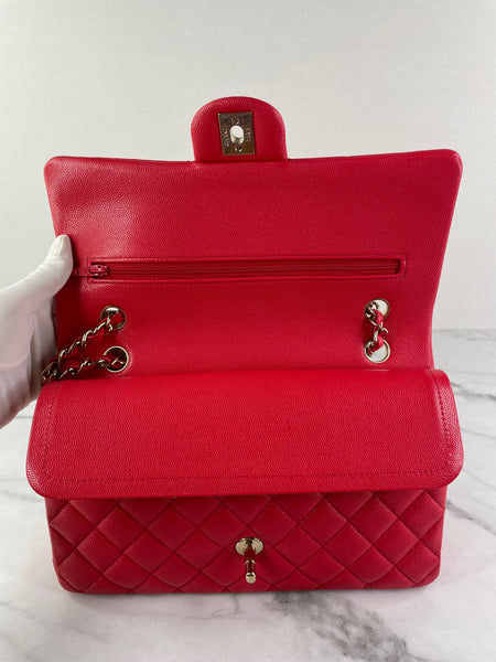 CHANEL Raspberry (Pink/Red) Caviar Quilted Medium Classic Double Flap Bag