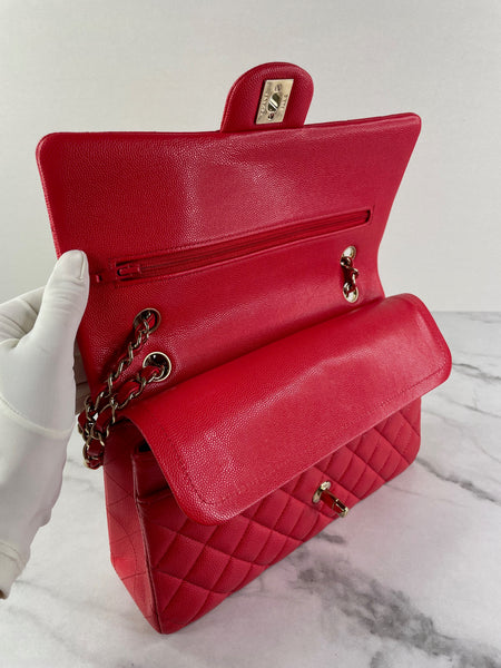 CHANEL Raspberry (Pink/Red) Caviar Quilted Medium Classic Double Flap Bag