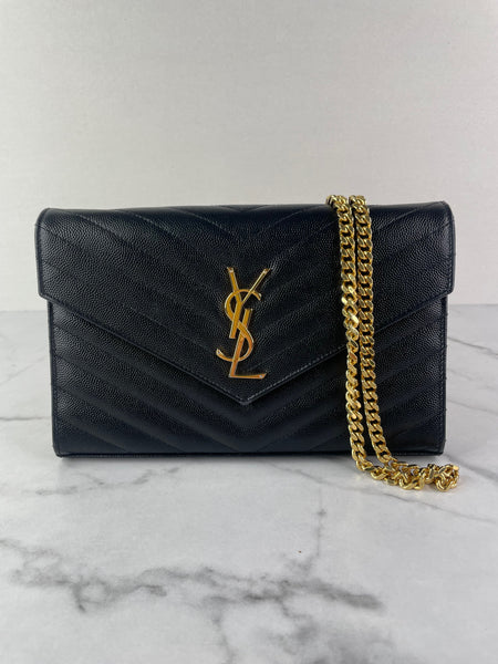 SAINT LAURENT Black CLASSIC CASSANDRE CHAIN WALLET IN GRAIN DE POUDRE LEATHER